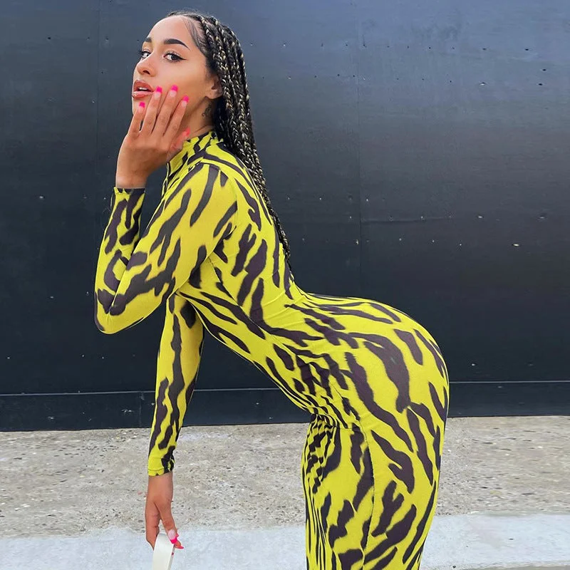 Sexy High Neck Yellow Leopard Long Sleeves Women Dresses