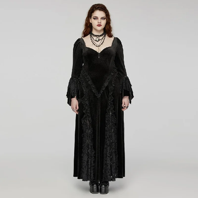 Women's Plus Size Gothic Flared Sleeved Embossed Velvet Prom Dress Wedding Dress