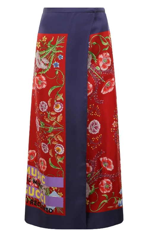 Red Silk Floral Print Skirt