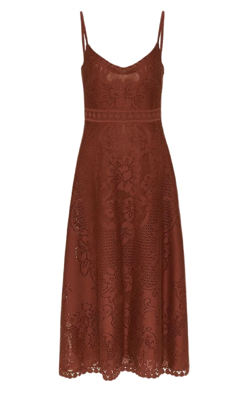 Strapless Cotton Lace Brown Midi Dress