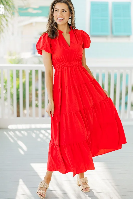 Coming Back For You Red Tiered Midi Dress