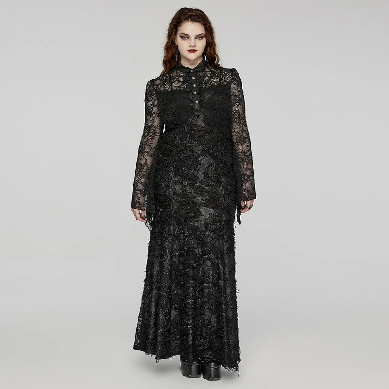 Women's Plus Size Gothic Turn-down Collar Lace Splice Gown Dress Wedding Dress