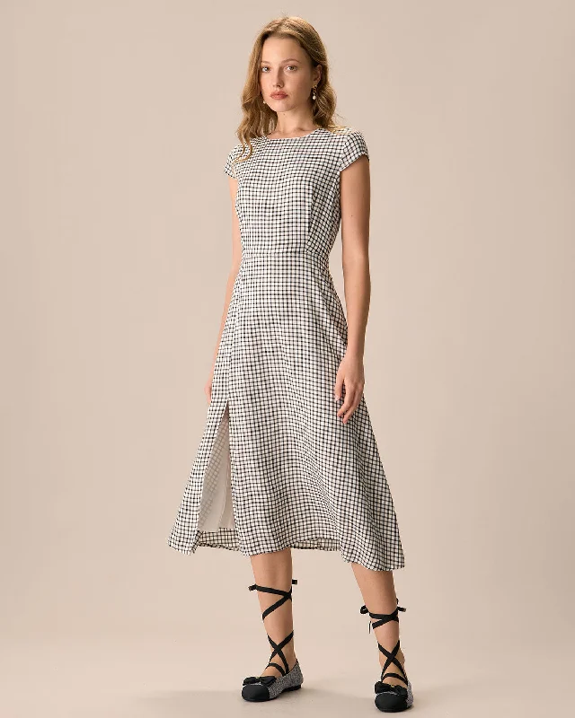 The Black Round Neck Cap Sleeve Plaid Midi Dress