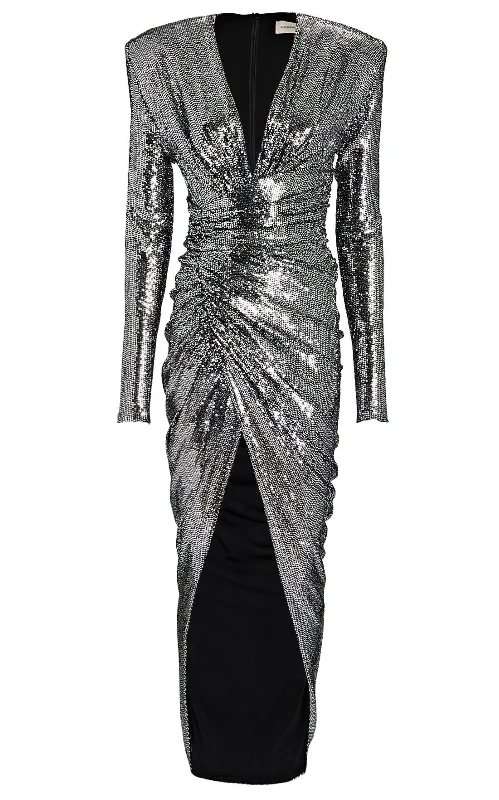 Ruched Silver Sequined Gown