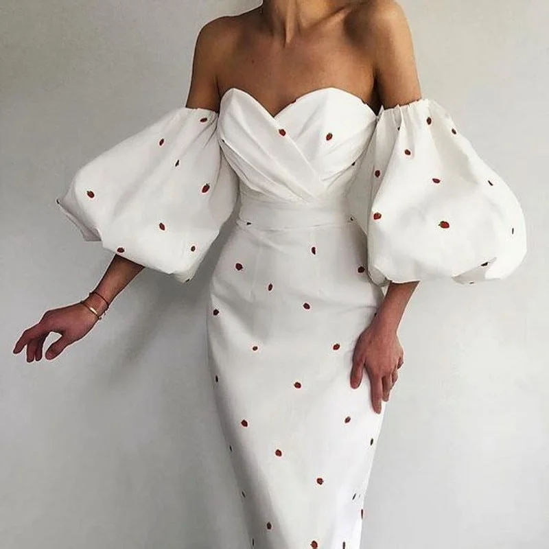 Sexy Strapless High Waist Puff Sleeves Strawberry Dresses