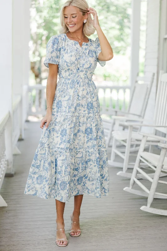 It's In The Air Blue Toile Tiered Midi Dress