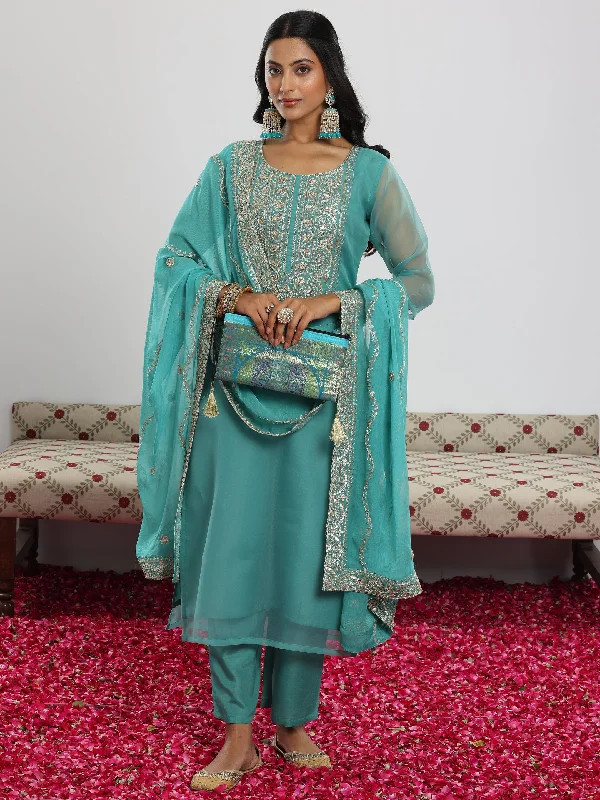 Sea Green Yoke Design Organza Straight Suit With Dupatta