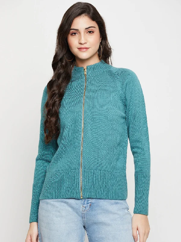 Women's Casual  Teal High neck Zipthru Cardigan Sweater