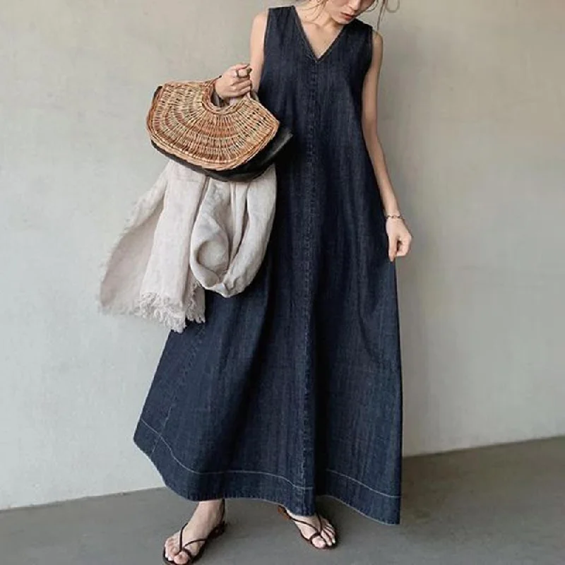 Summer Cozy DenimLace Up Back Long Dresses