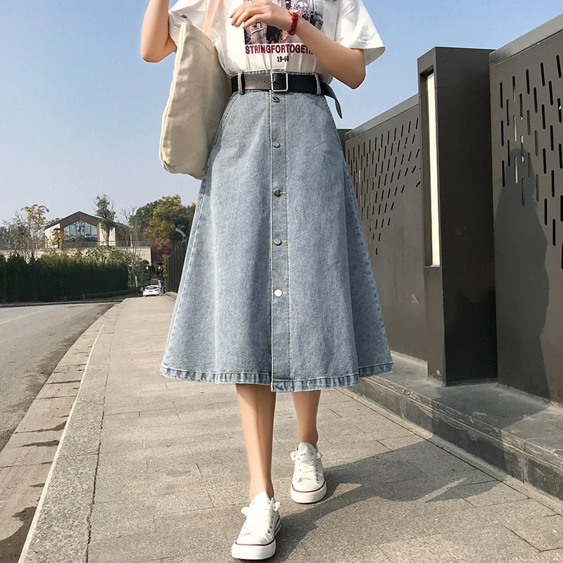 High Waist Denim Skirt Streetwear A-Line Long Skirts For Women