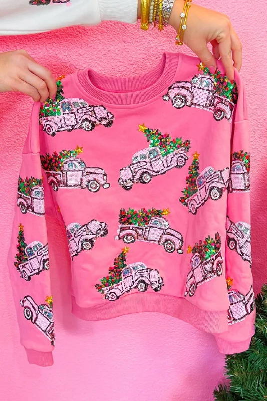 Kids Pink Trucks w/ Christmas Trees Sweatshirt - Pink