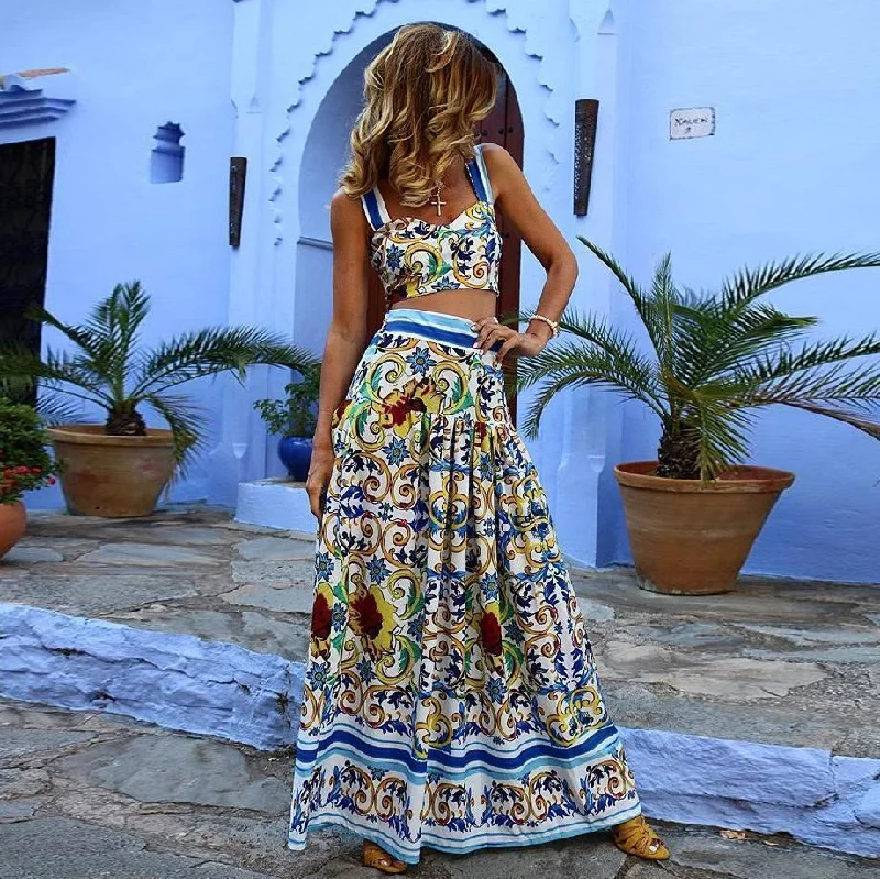 Sexy Floral Print 2 Boho Pcs Dresses Suits