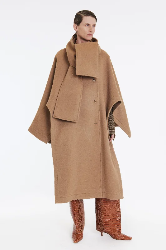 Open Sleeve Poncho Coat With Scarf Detail Beige