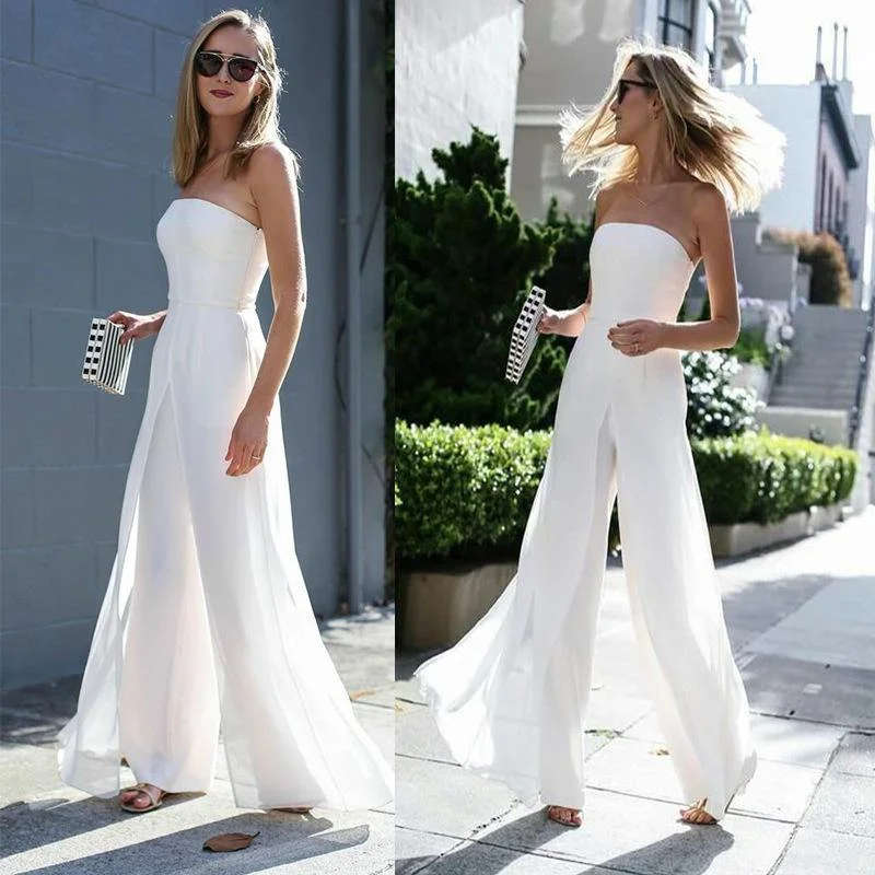 White Women Strapless Chiffon Jumpsuits