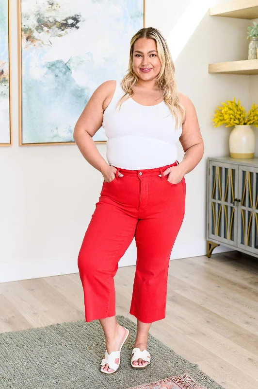 Red High Rise Control Top Wide Leg Crop Jeans