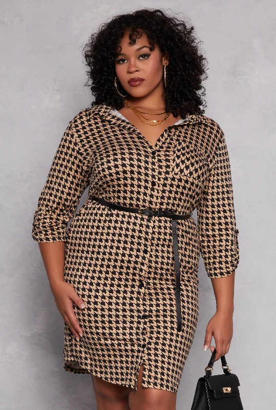 Plus Size Houndstooth Belted Shirt Dress