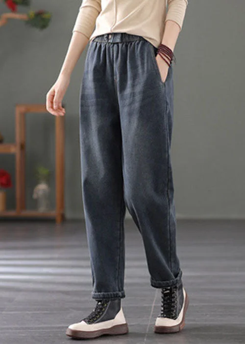 Navy Warm Fleece Denim Harem Pants Elastic Waist Spring