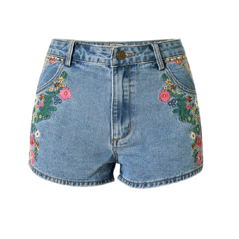 Flower Embroidered Shorts Jeans Women Vintage Style High Waist Shorts