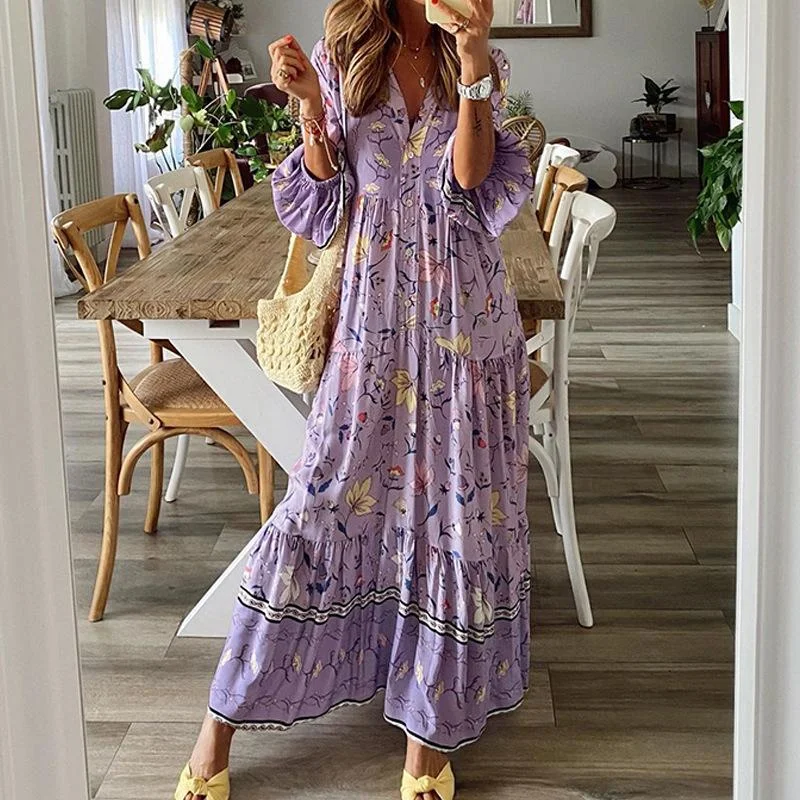 Purple Long Sleeves Women Fall Maxi Dresses