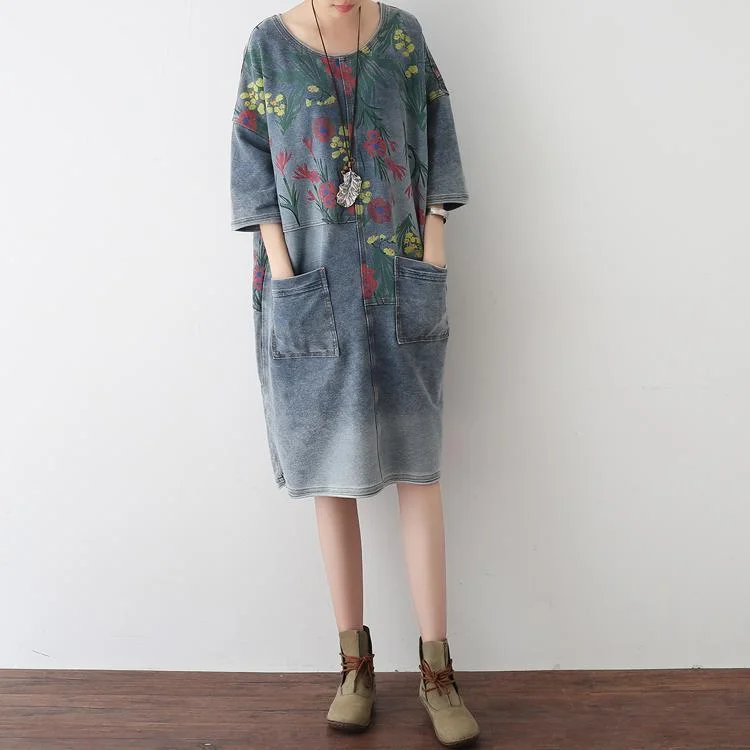 2024 Autumn Oversize Denim Dresses Blooming Flowers Casual Denim Shirts