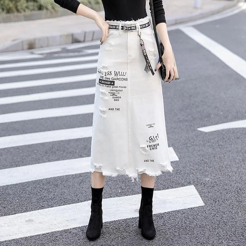 Letter Printed White Tassels High Waist Long Denim Skirts