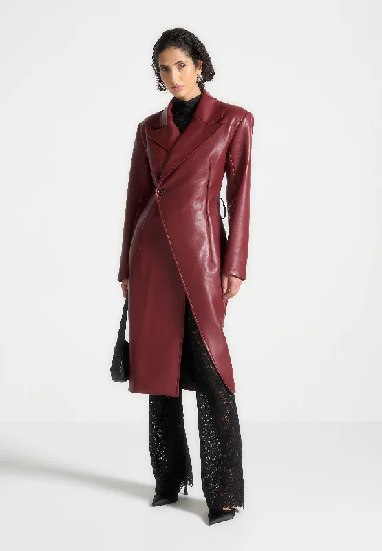 Leather Asymmetric Belted Coat - Wine Red