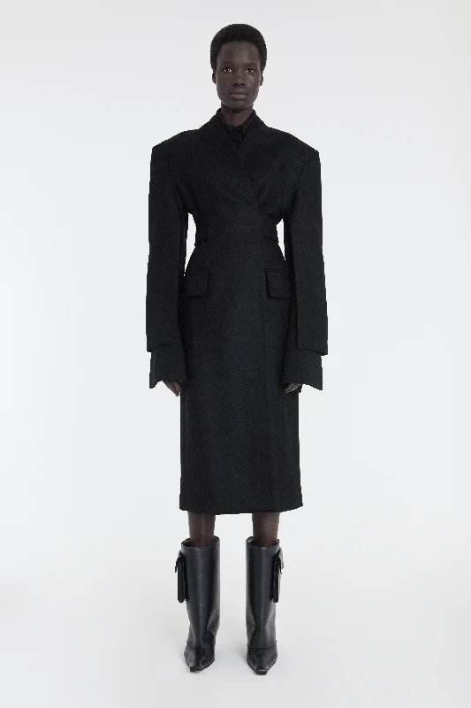 Open Sleeve Belted Wrap Around Fitted Coat Black