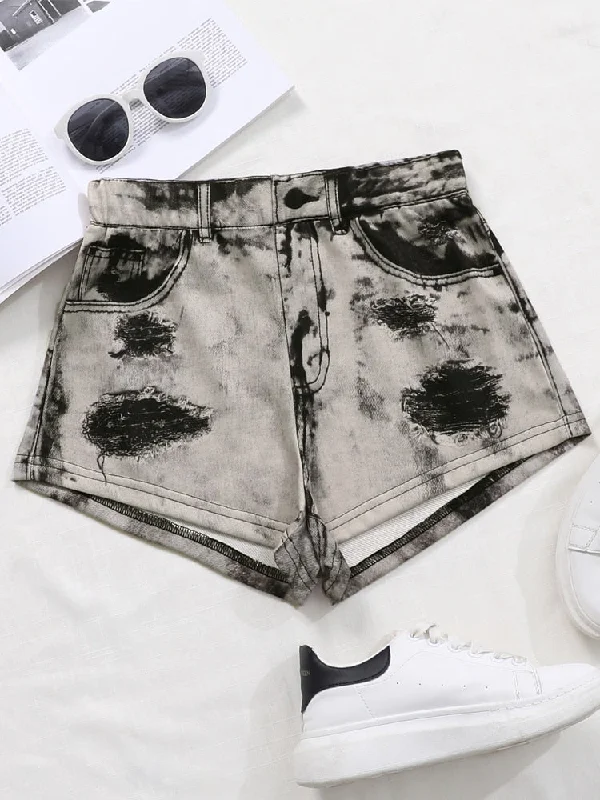 Hole Button Cotton Jean Shorts High Waist Skinny Ripped Denim Short