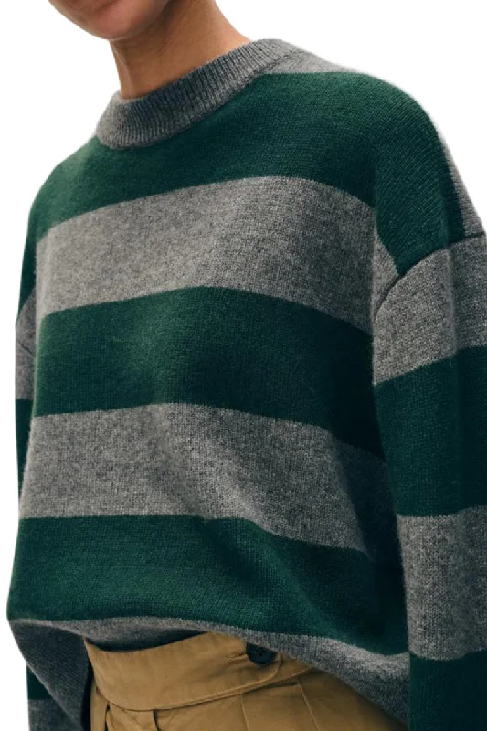 White & Warren Cashmere Striped Crewneck in Graphite - Deep Emerald