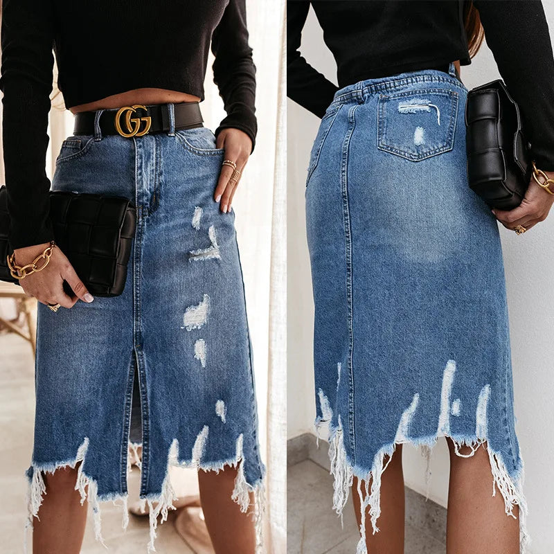 Knee Length Denim Skirt Casual Pocket High Waist Straight Denim Skirt