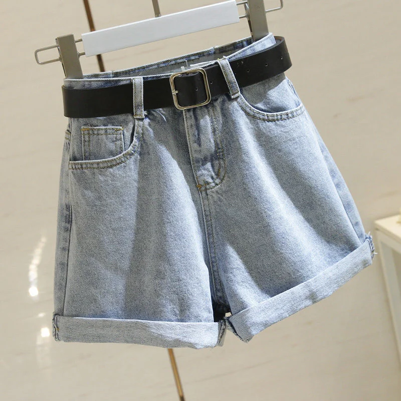 High Waist Women Blue Denim Shorts With Belt Casual Wide Leg Shorts