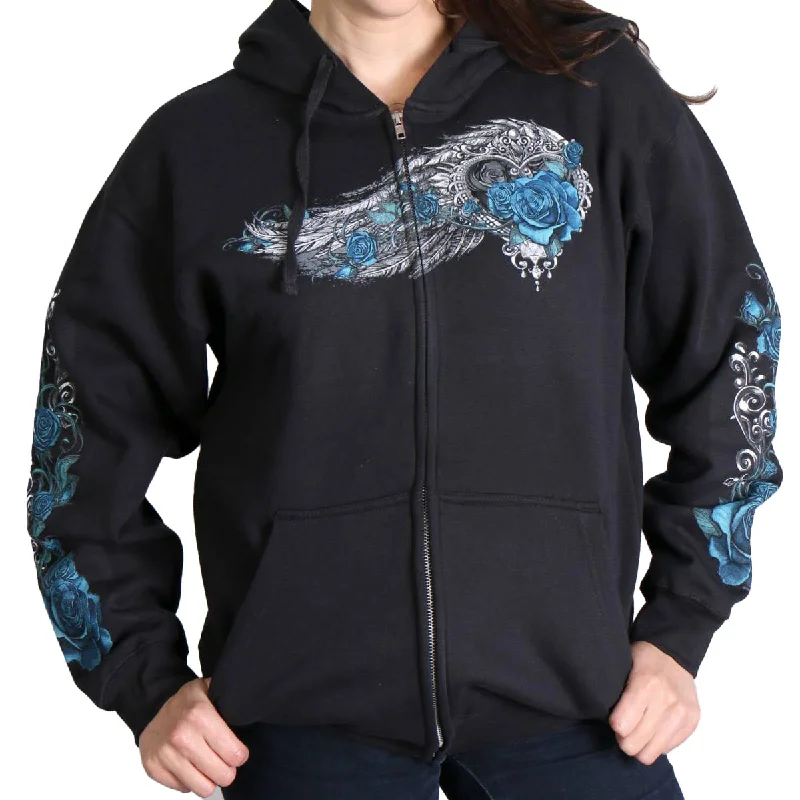 Hot Leathers GLZ4345 Women's 'Angel Roses' Zip Up Hooded Black Sweat Shirt