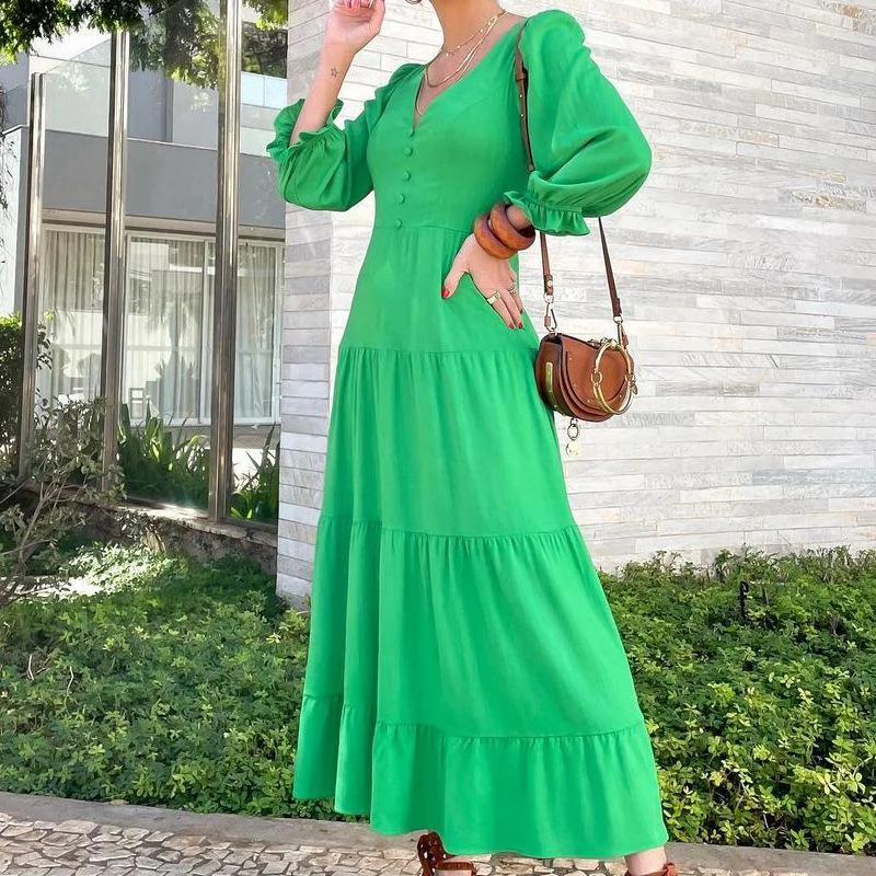 Women Long Sleeves V Neck Fall Long Dresses