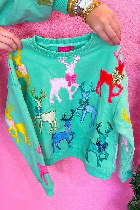 Kids Velvet Reindeer & Bows Sweatshirt - Mint