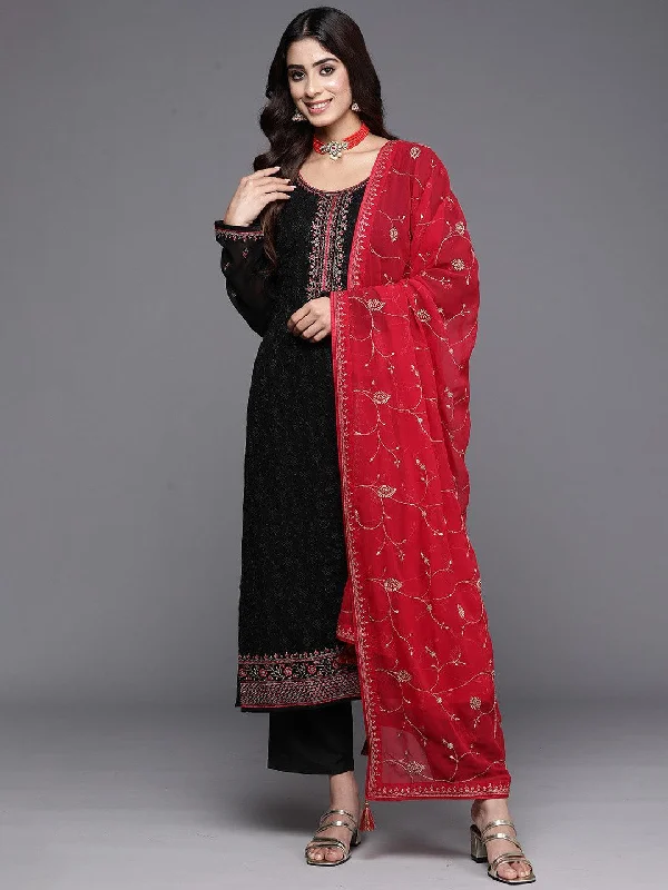 Black Embroidered Georgette Straight Suit With Dupatta