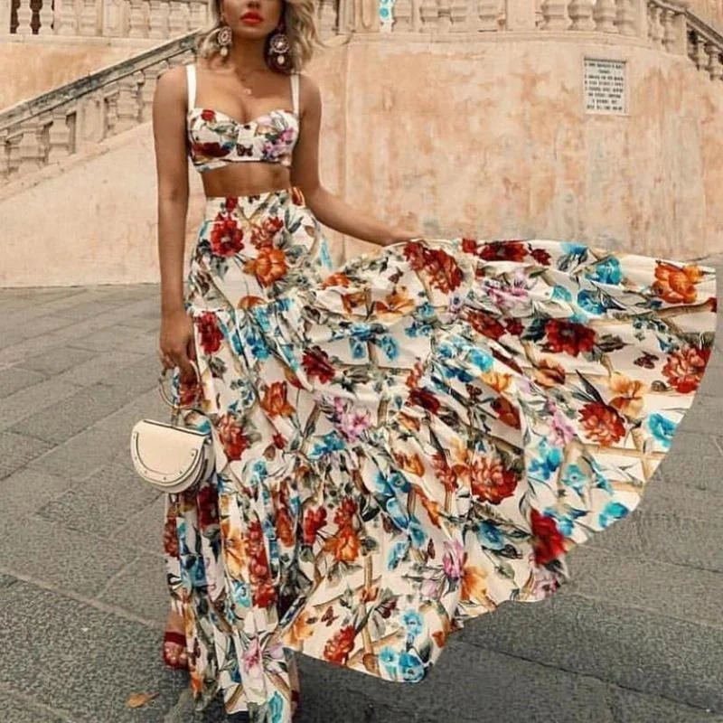 New Summer Holiday Floral Print Two Pieces Sets