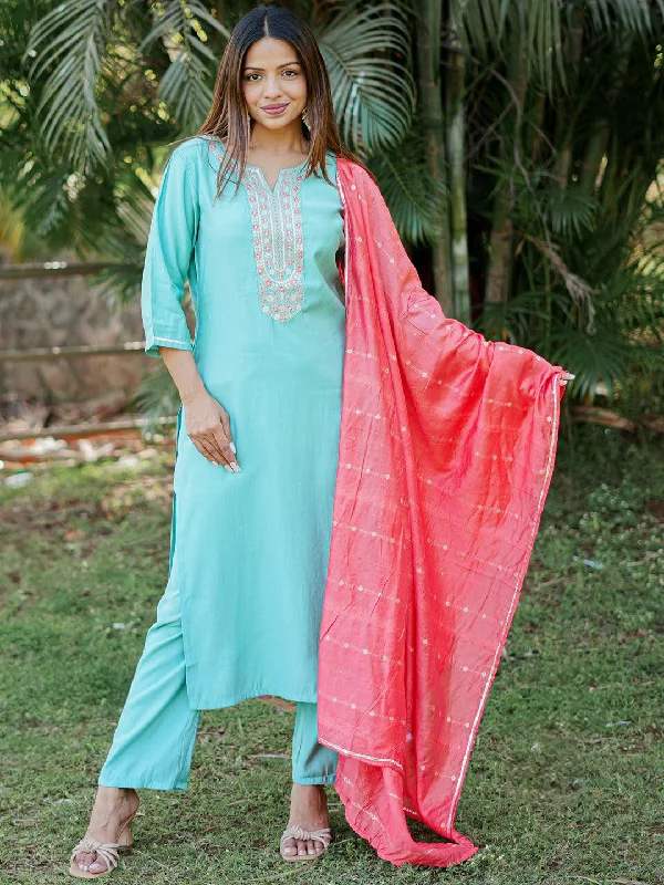 Blue Yoke Design Silk Blend Straight Suit With Dupatta