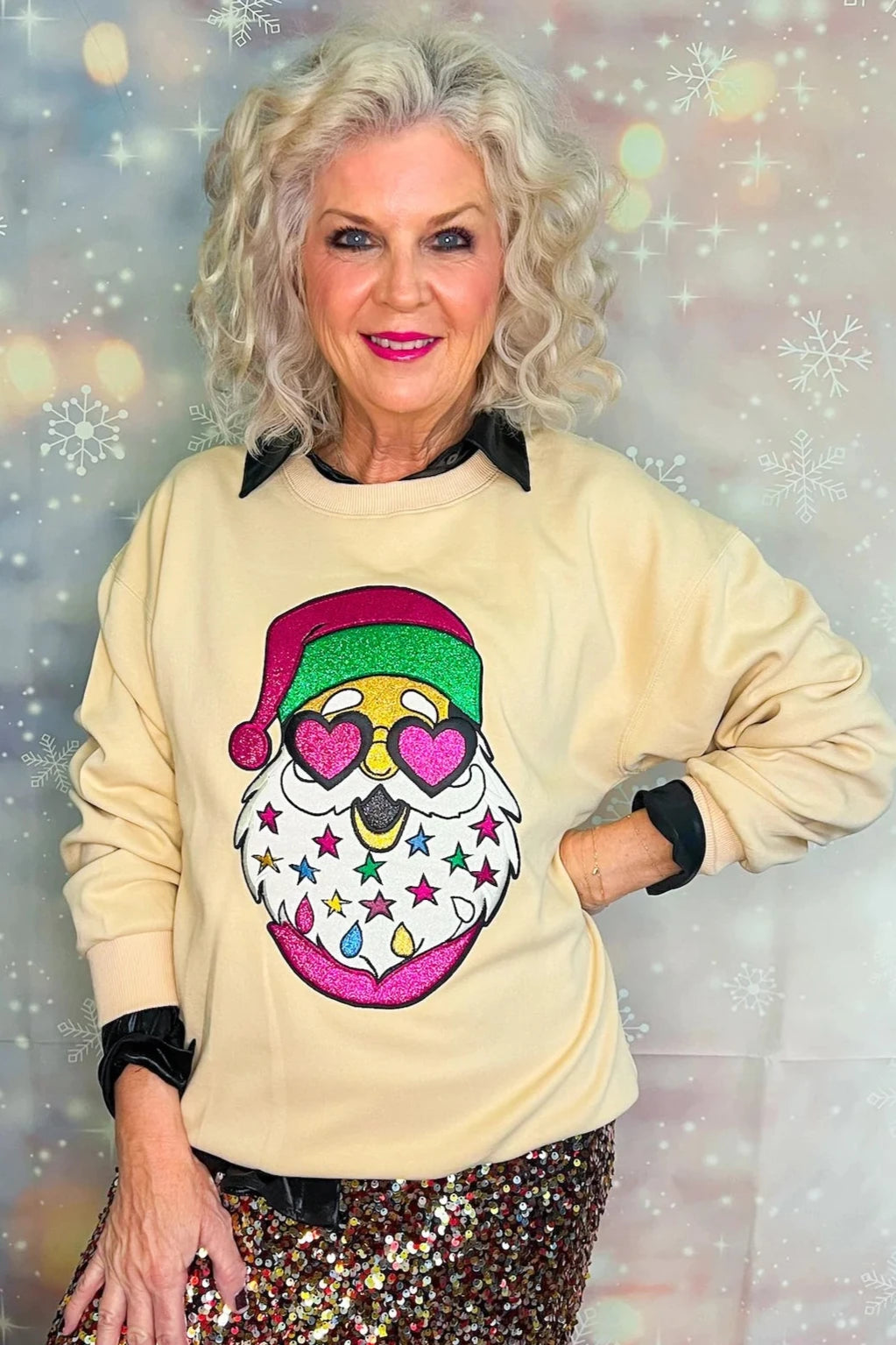 Heart Eyed Santa Sweatshirt - Beige