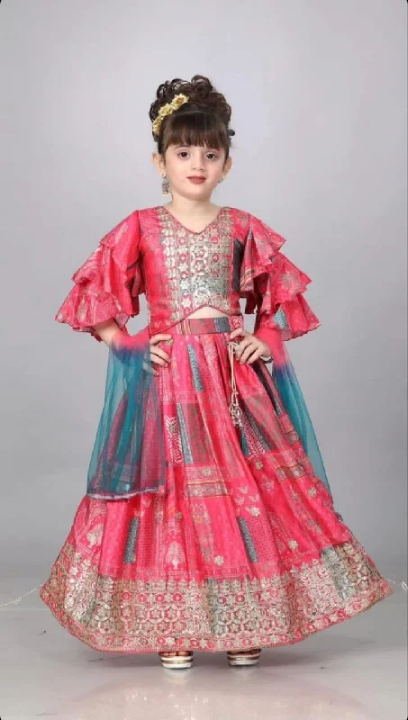 Sequins Embroidered with Beautiful Printed Fancy Sleeve Top Kid’s Lehenga