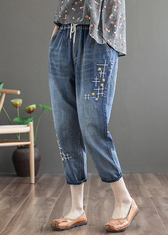 Chic Denim Blue Elastic Waist Embroideried Cotton Crop Pants Spring