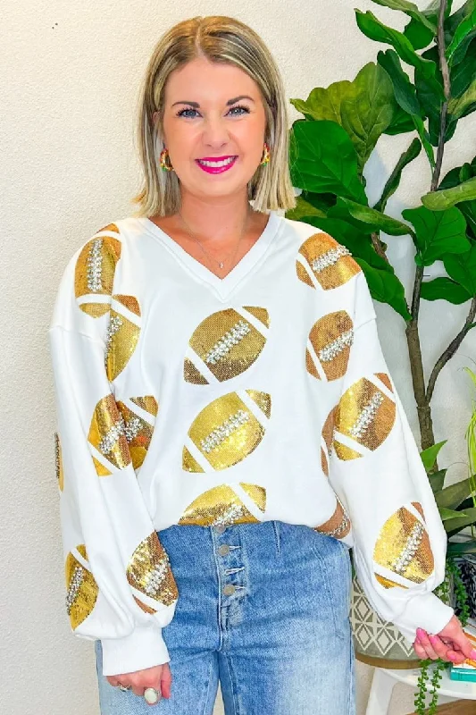 Rhinestone Football Sweatshirt - White/Gold