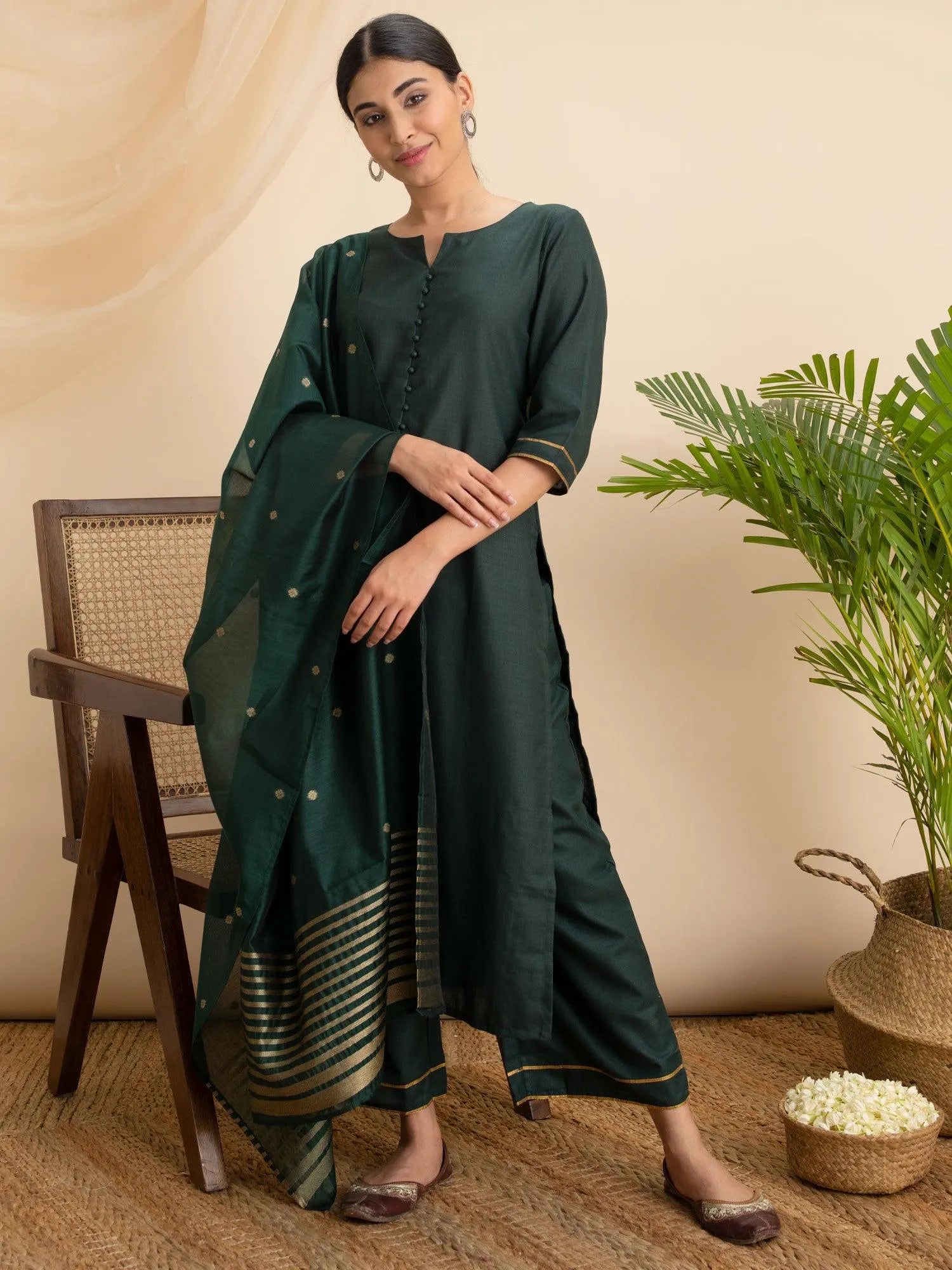 Green Solid Cotton Straight Kurta With Palazzos & Dupatta