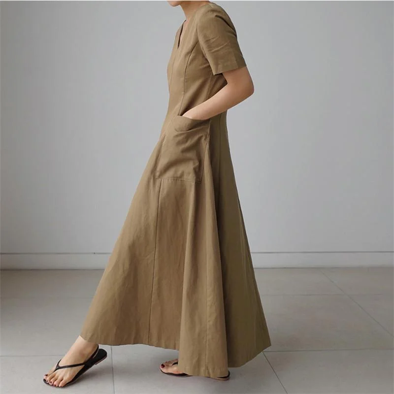 Women Short Sleeves Pocket V Neck Long Maxi Dresses