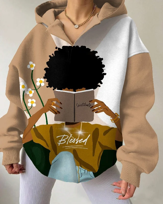 Blessed Afro Girl Illustration Drop Shoulder Long-sleeved Hoodie