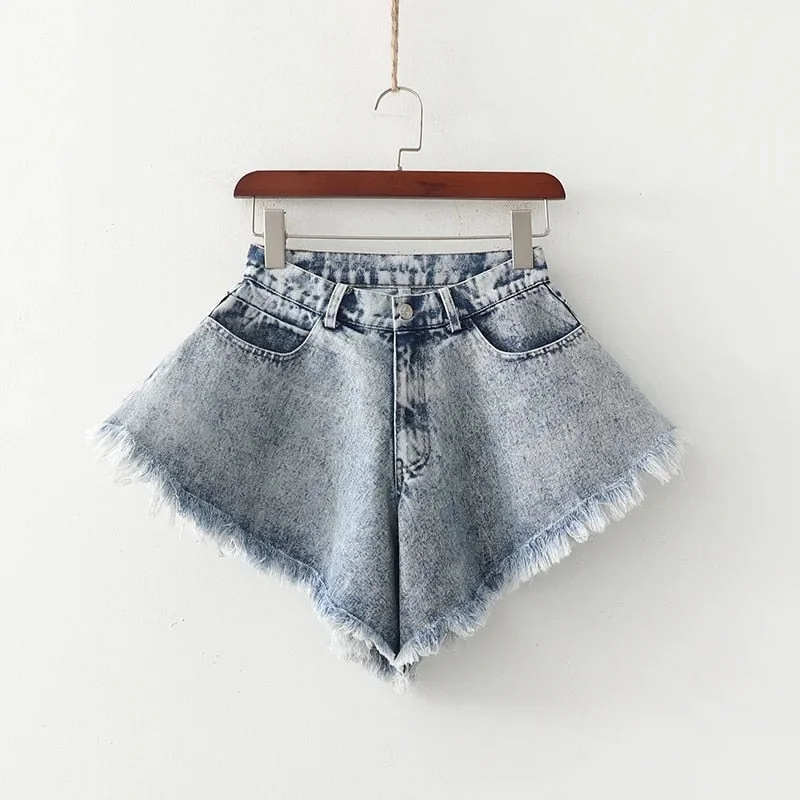 Denim Shorts Loose Wide Leg Denim Shorts Ripped Tasseled Retro Shorts