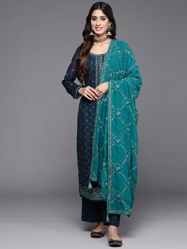 Navy Blue Embroidered Georgette Straight Suit With Dupatta