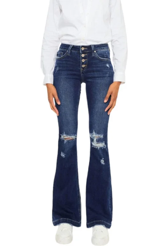 Alisha Distressed Denim Flare Jeans In Denim Blue