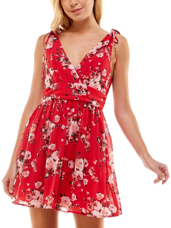 Juniors Womens Floral Print Surplice Mini Dress