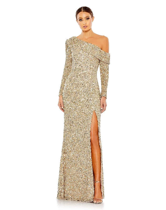 Sequined Drop Shoulder Long Sleeve Gown