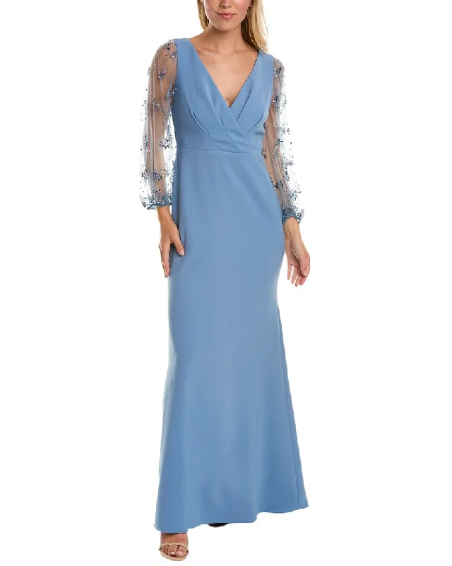 Theia Kiera Breaded Puff Sleeve Gown